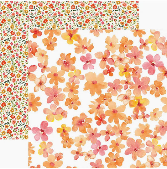 Orange Watercolor Floral 12x12 Double Sided Scrapbook Paper