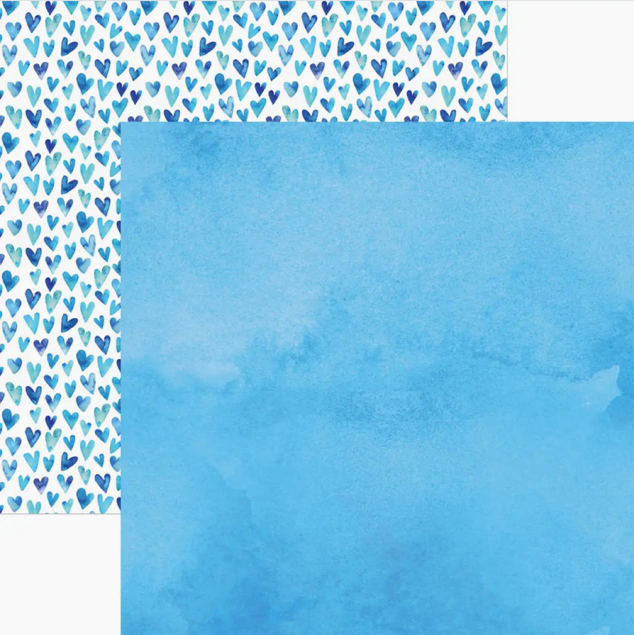 Bright Blue Watercolor Hearts 12x12 Double Sided Scrapbook Paper